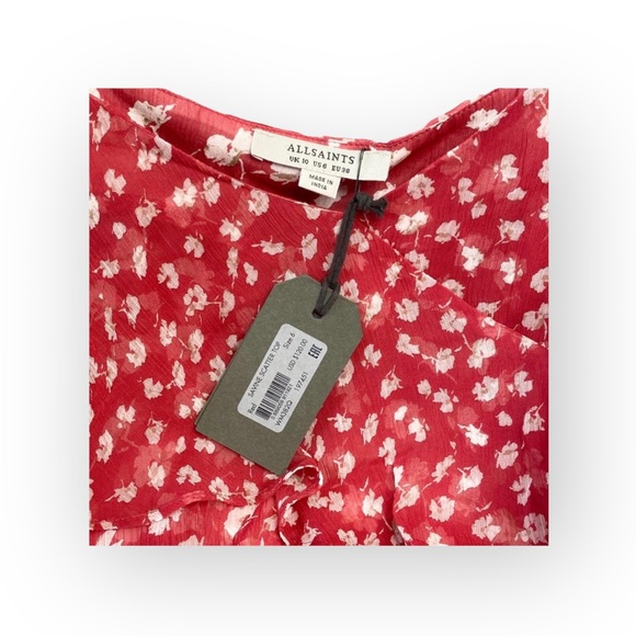 new Allsaints ꕥ Off Shoulder Ruffled Silk Floral Print Top ꕥ Red ꕥ Wear 2 Ways - Picture 3 of 16